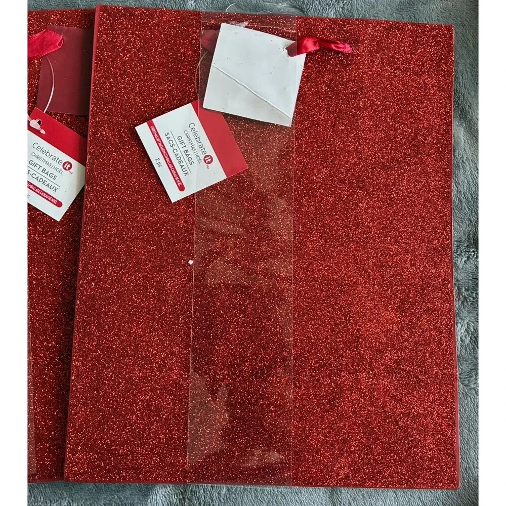 Set of 8 Red Glitter Christmas Gift Bags Holiday Present Bags Sparkly